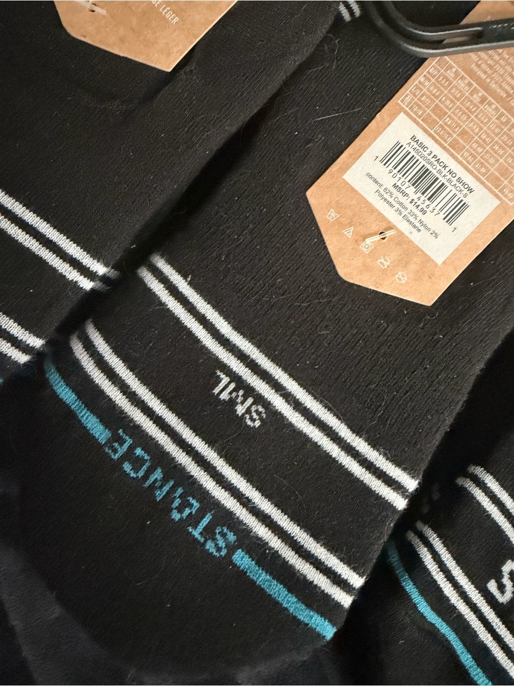Stance women’s/mens Black Low-Cut Athletic Socks with White & Aqua Stripes - Picture 2 of 7
